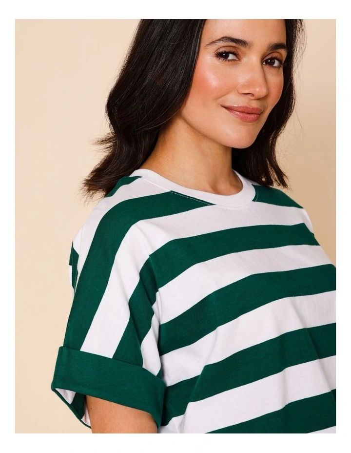 Extended Sleeve Tee With Solid Cuff In Green/White Stripe image 2