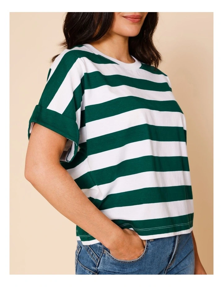 Extended Sleeve Tee With Solid Cuff In Green/White Stripe image 3