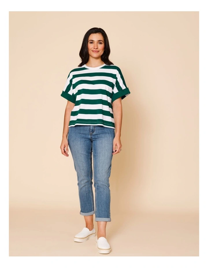 Extended Sleeve Tee With Solid Cuff In Green/White Stripe image 4