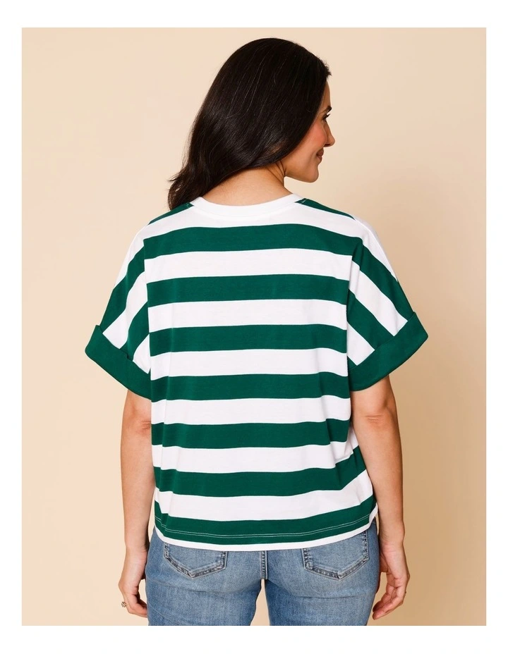 Extended Sleeve Tee With Solid Cuff In Green/White Stripe image 5