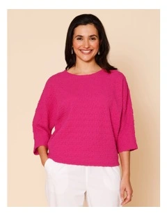 Elbow Length Sleeve Tee In Crinkle Jersey In Hot Pink