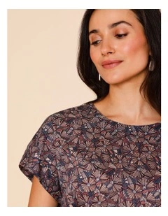 Short Sleeve Tee With Side Splits In Blue/Pink/Red Floral Burnout Print