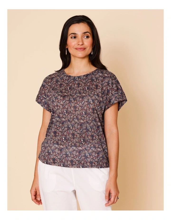 Short Sleeve Tee With Side Splits In Blue/Pink/Red Floral Burnout Print image 2