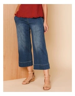 Stretch Crop, Pull On, Wide Leg Jean In Dark Wash