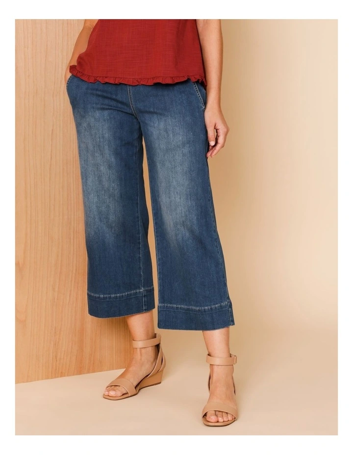 Stretch Crop, Pull On, Wide Leg Jean In Dark Wash image 1