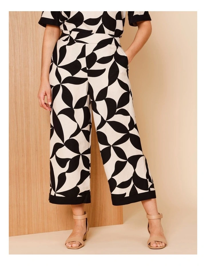 Wide Leg Crop Linen Blend Pant In Neutral/Black Leaf Print With Black Contrasts image 1