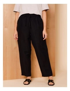 Elastic Waist Linen Blend Pant In Black