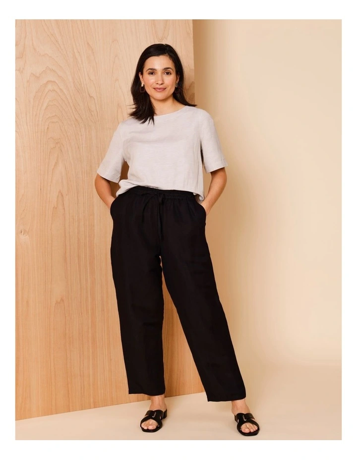 Elastic Waist Linen Blend Pant In Black image 2