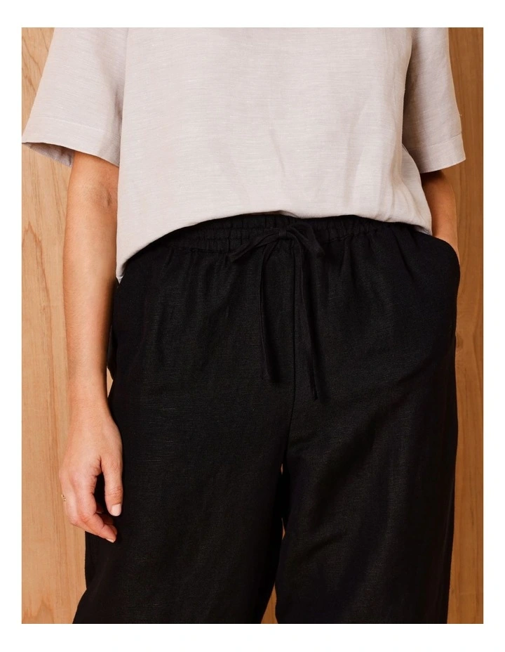Elastic Waist Linen Blend Pant In Black image 3