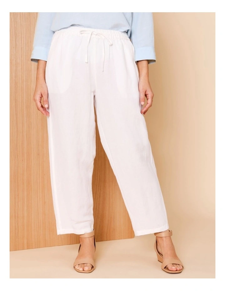 Elastic Waist Linen Blend Pant In White image 1