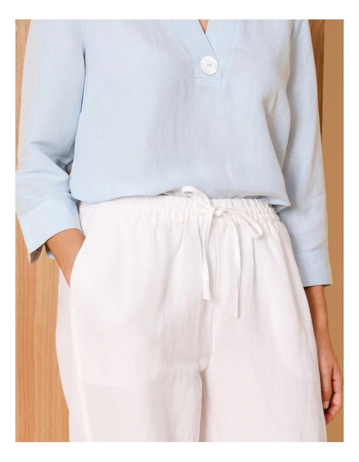 Elastic Waist Linen Blend Pant In White image 3