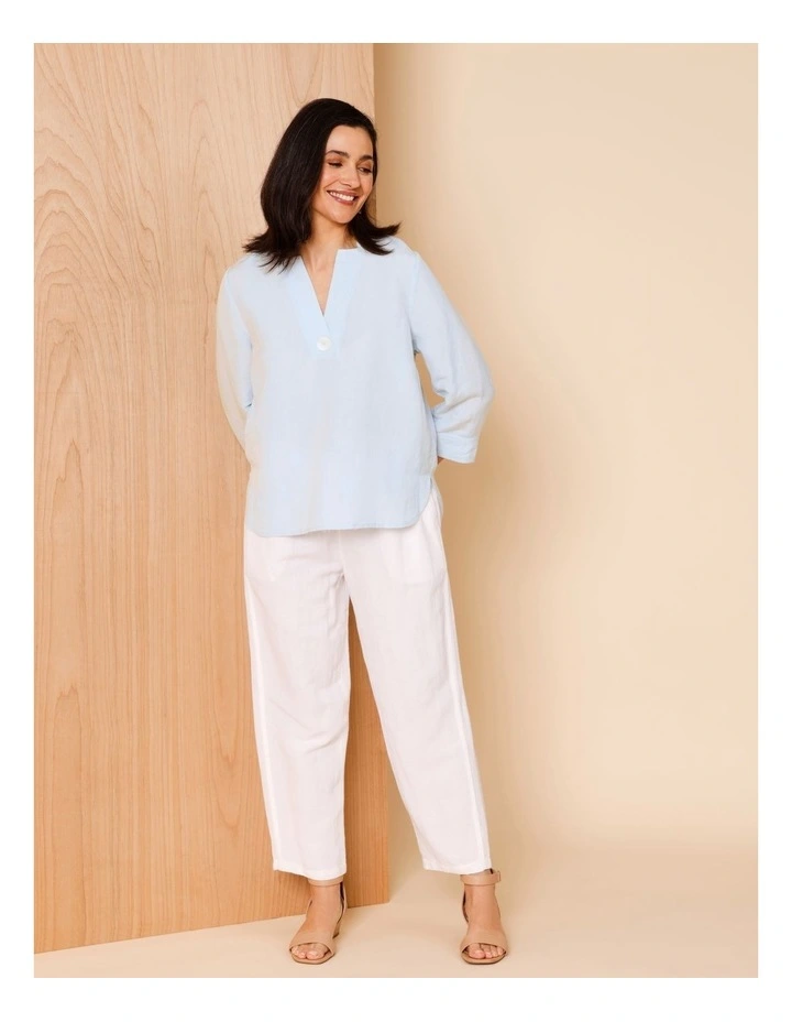Elastic Waist Linen Blend Pant In White image 6
