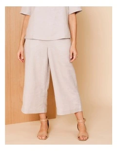 Wide Leg Crop Linen Blend Pant In Oatmeal Crossdye With Contrast Top Stitch