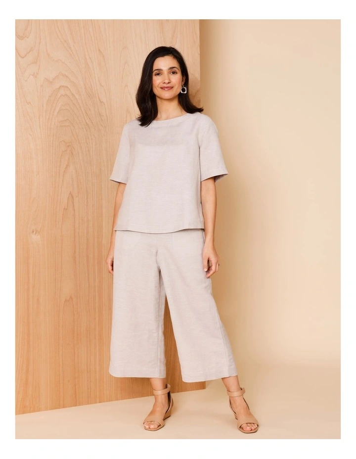 Wide Leg Crop Linen Blend Pant In Oatmeal Crossdye With Contrast Top Stitch image 2