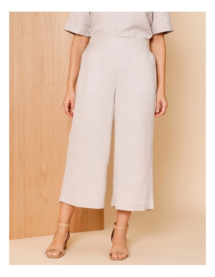 Wide Leg Crop Linen Blend Pant In Oatmeal Crossdye With Contrast Top Stitch image 3