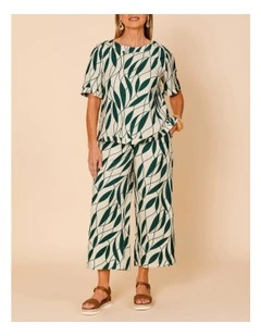 Wide Leg Linen Blend Pant In Neutral/Forest Leaf Print