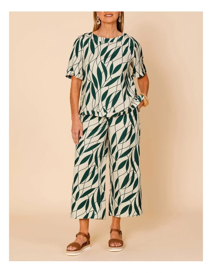 Wide Leg Linen Blend Pant In Neutral/Forest Leaf Print image 1