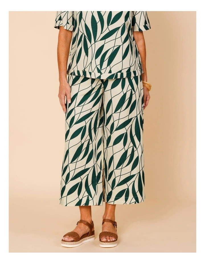 Wide Leg Linen Blend Pant In Neutral/Forest Leaf Print image 3