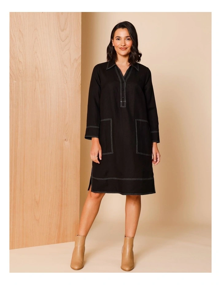 European Linen Blend 1/2 Placket 3/4 Sleeve Dress in Black and White With Contrast Top Stitching image 1