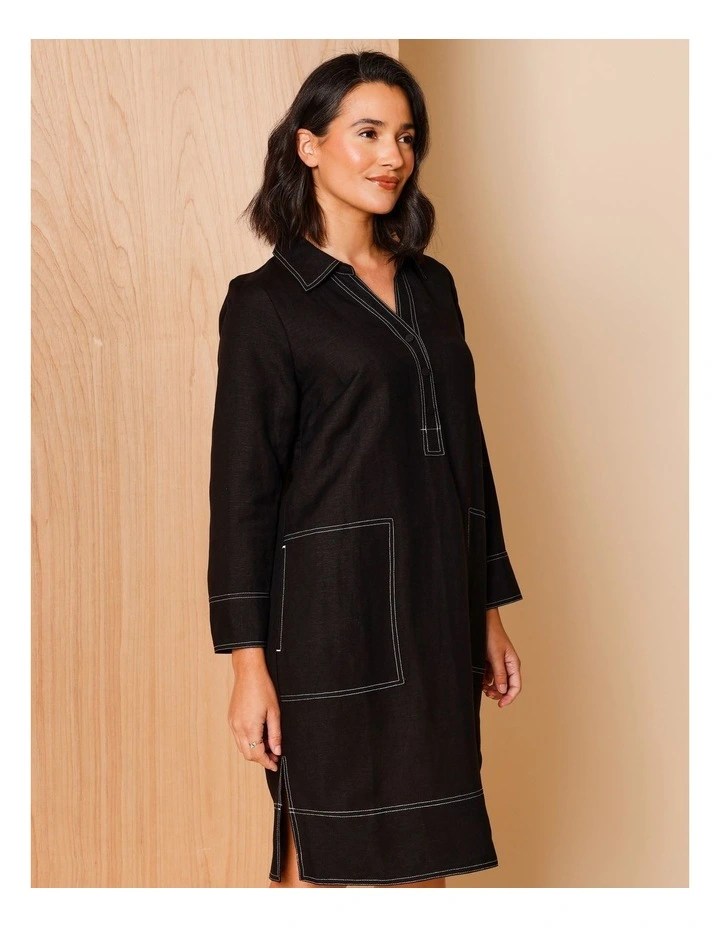 European Linen Blend 1/2 Placket 3/4 Sleeve Dress in Black and White With Contrast Top Stitching image 2