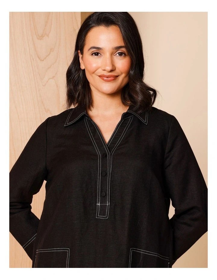 European Linen Blend 1/2 Placket 3/4 Sleeve Dress in Black and White With Contrast Top Stitching image 3