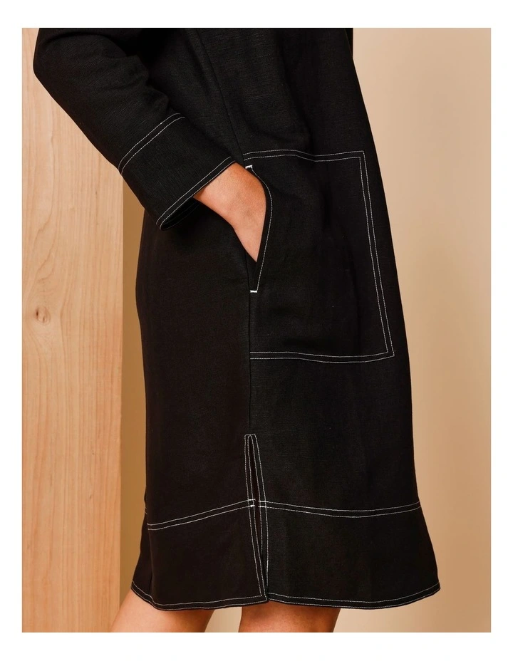 European Linen Blend 1/2 Placket 3/4 Sleeve Dress in Black and White With Contrast Top Stitching image 4