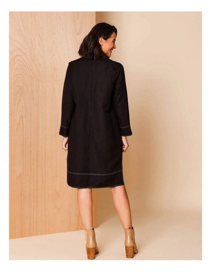 European Linen Blend 1/2 Placket 3/4 Sleeve Dress in Black and White With Contrast Top Stitching image 5