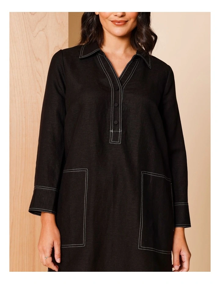 European Linen Blend 1/2 Placket 3/4 Sleeve Dress in Black and White With Contrast Top Stitching image 6