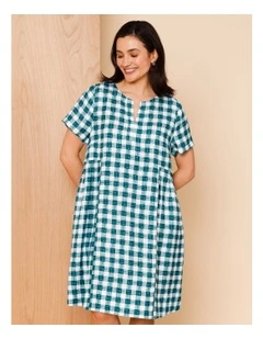 Short Sleeve Dress With Pockets And Pleat Side Waist In Teals Watercolour Gingham
