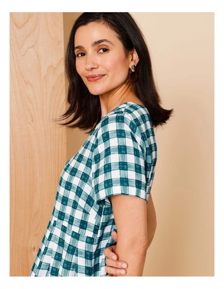 Short Sleeve Dress With Pockets And Pleat Side Waist In Teals Watercolour Gingham image 2