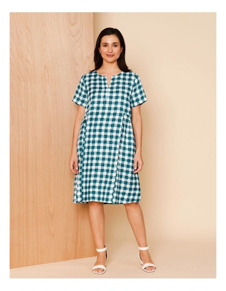 Short Sleeve Dress With Pockets And Pleat Side Waist In Teals Watercolour Gingham image 3