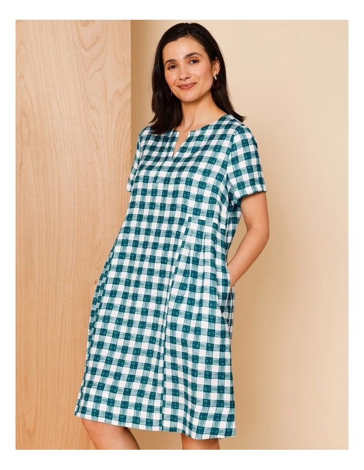 Short Sleeve Dress With Pockets And Pleat Side Waist In Teals Watercolour Gingham image 4
