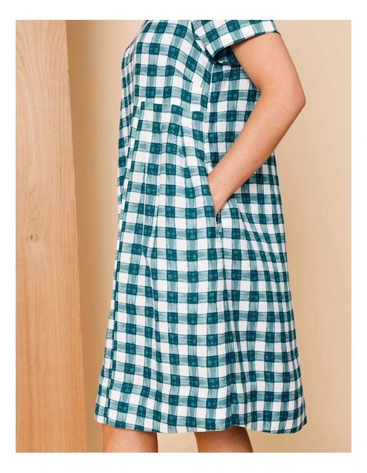 Short Sleeve Dress With Pockets And Pleat Side Waist In Teals Watercolour Gingham image 5