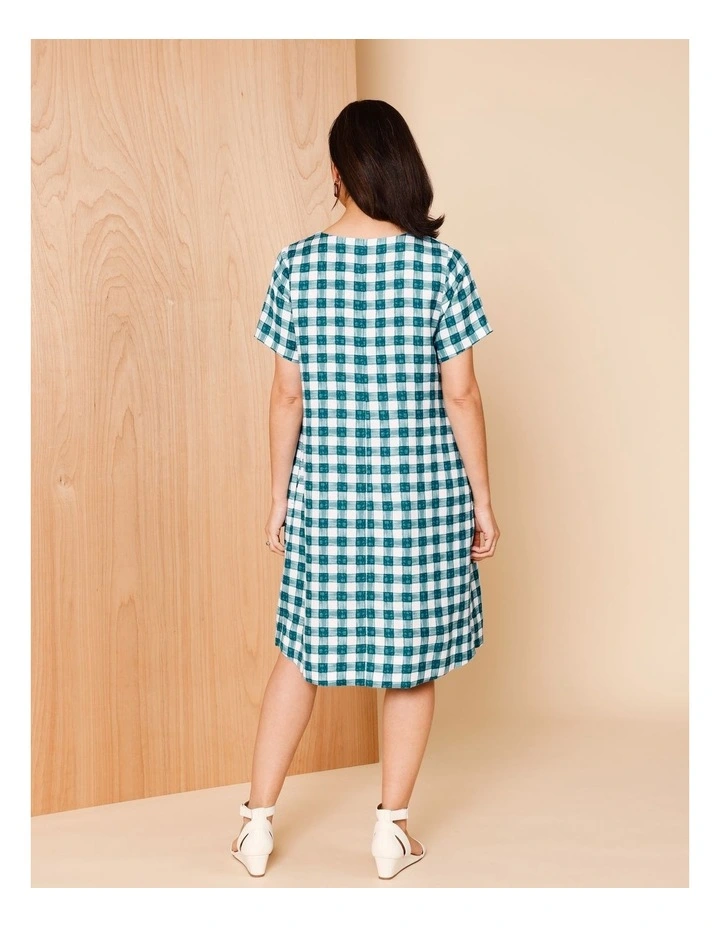 Short Sleeve Dress With Pockets And Pleat Side Waist In Teals Watercolour Gingham image 6
