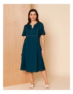 Short Sleeve Dress With Yoke And Pockets In Peacock/White Contrast Top Stitching
