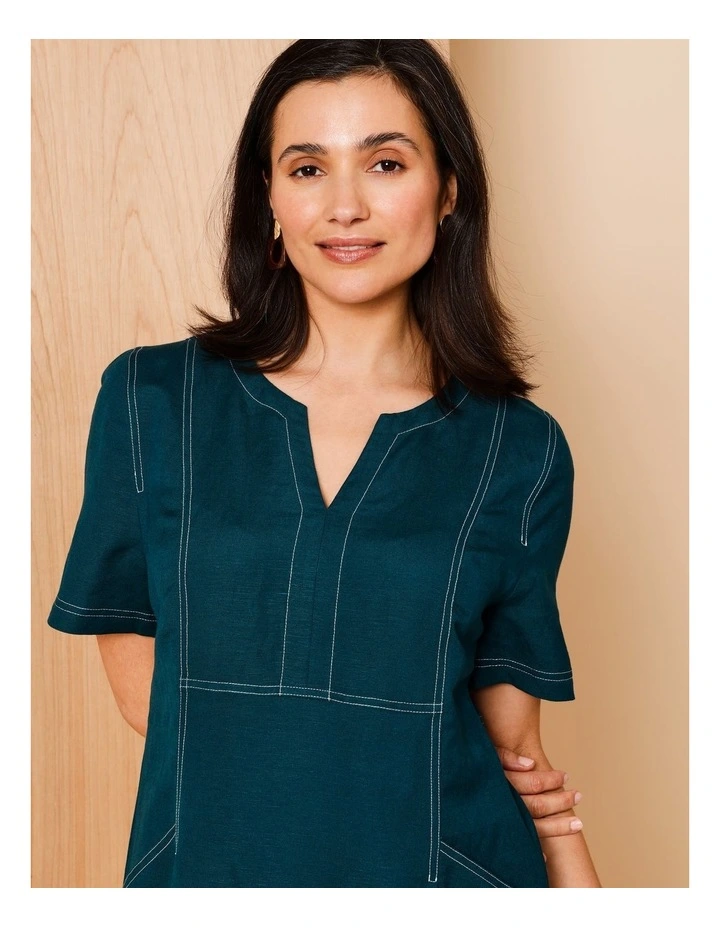 Short Sleeve Dress With Yoke And Pockets In Peacock/White Contrast Top Stitching image 2