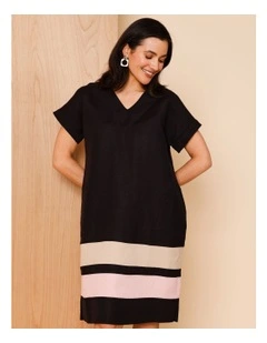 V Neck Extended Sleeve Dress With Spliced Contrast Hem And Pockets In Black/Neutral/Pink