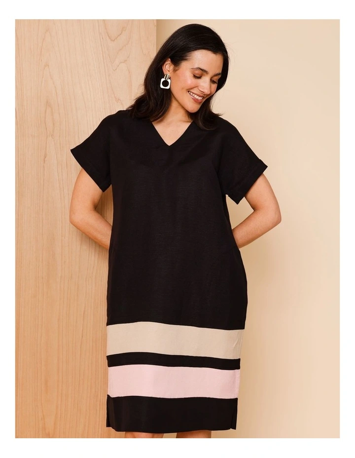 V Neck Extended Sleeve Dress With Spliced Contrast Hem And Pockets In Black/Neutral/Pink image 1