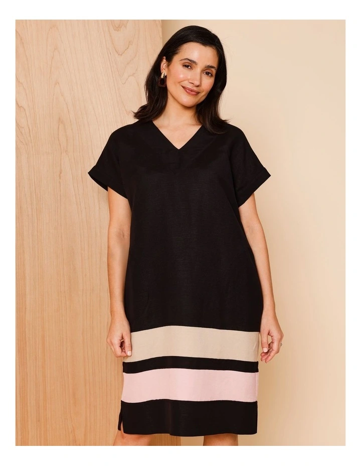 V Neck Extended Sleeve Dress With Spliced Contrast Hem And Pockets In Black/Neutral/Pink image 5