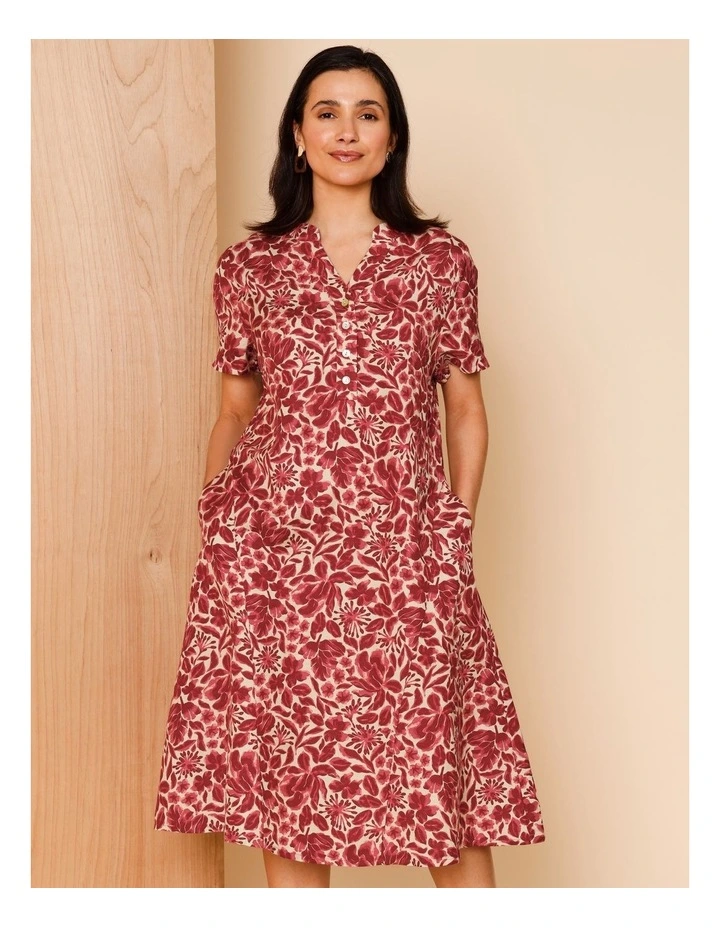 Short Sleeve Princess Seam Dress With Pockets In Burgandy/Pinks Floral image 3