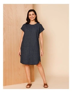 Extended Sleeve Dress With Curved Hem And Pockets In Denim Stripe