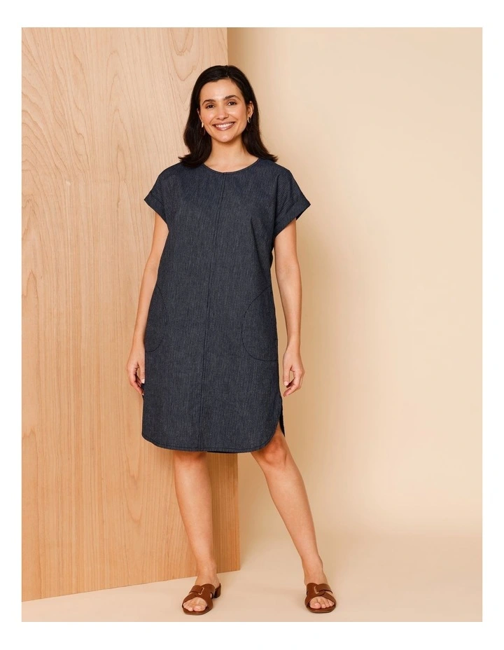Extended Sleeve Dress With Curved Hem And Pockets In Denim Stripe image 1