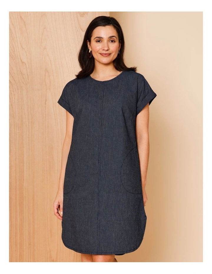 Extended Sleeve Dress With Curved Hem And Pockets In Denim Stripe image 2