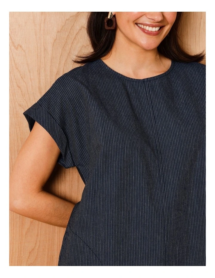 Extended Sleeve Dress With Curved Hem And Pockets In Denim Stripe image 3