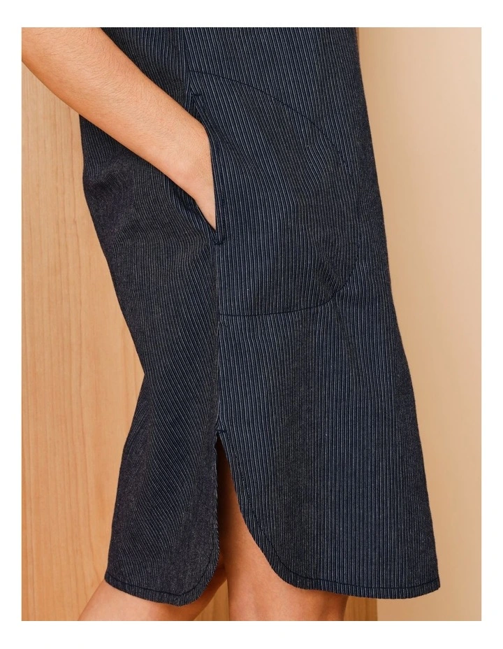 Extended Sleeve Dress With Curved Hem And Pockets In Denim Stripe image 4