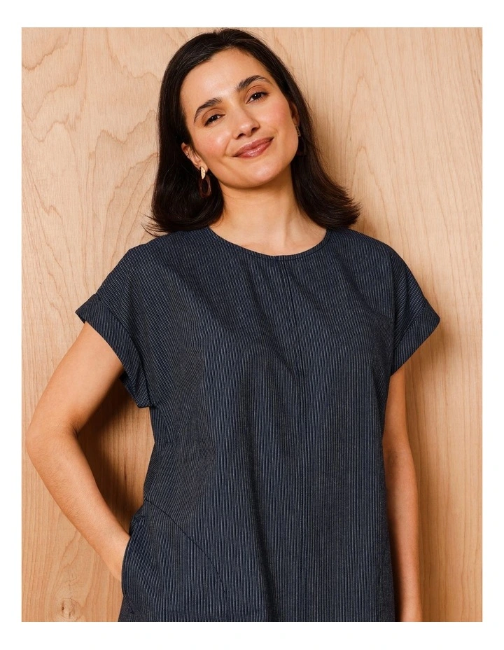Extended Sleeve Dress With Curved Hem And Pockets In Denim Stripe image 5