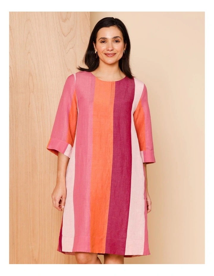 3/4 Sleeve Dress With Cuff And Pockets In Pinks/Burgundy Wide Stripe image 1