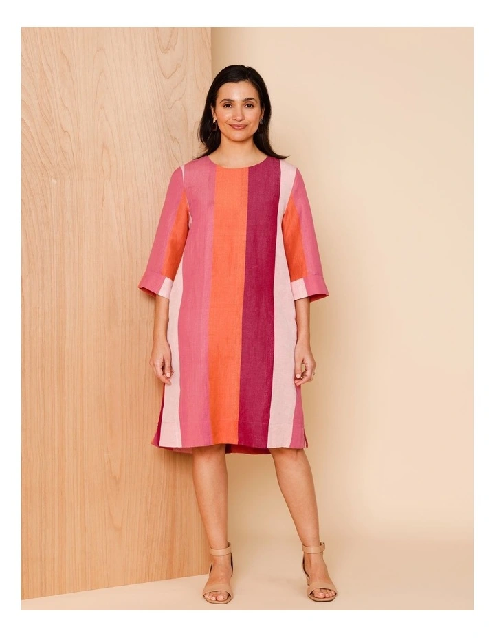 3/4 Sleeve Dress With Cuff And Pockets In Pinks/Burgundy Wide Stripe image 2