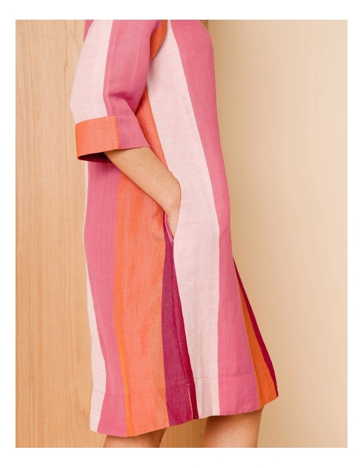 3/4 Sleeve Dress With Cuff And Pockets In Pinks/Burgundy Wide Stripe image 3