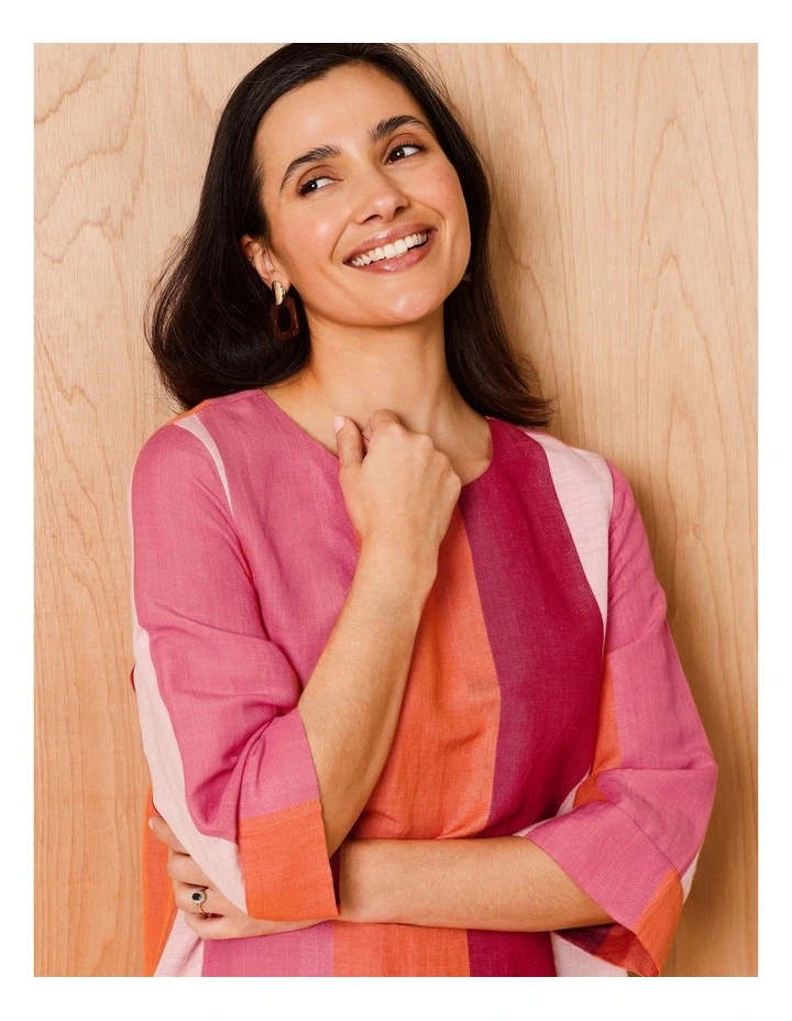 3/4 Sleeve Dress With Cuff And Pockets In Pinks/Burgundy Wide Stripe image 4